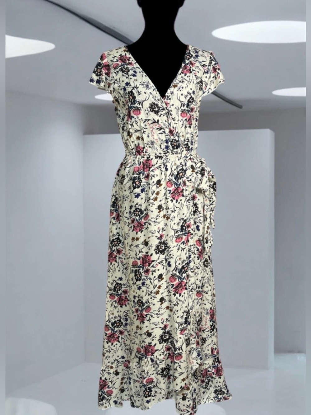 Cream Floral Maxi Dress with Pink Accents